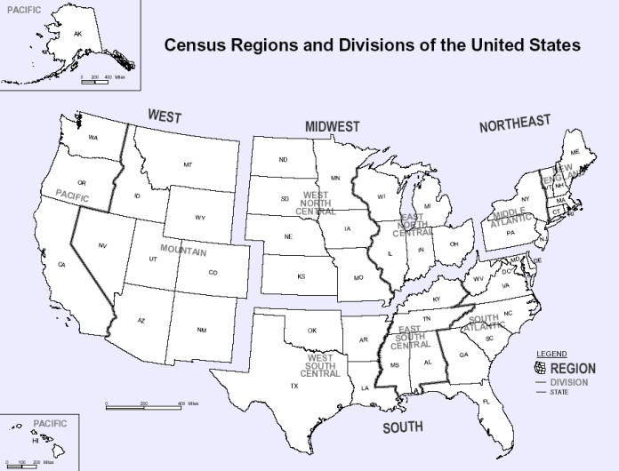 U.S. Census Bureau map dividing the United States into four regions and nine divisions.