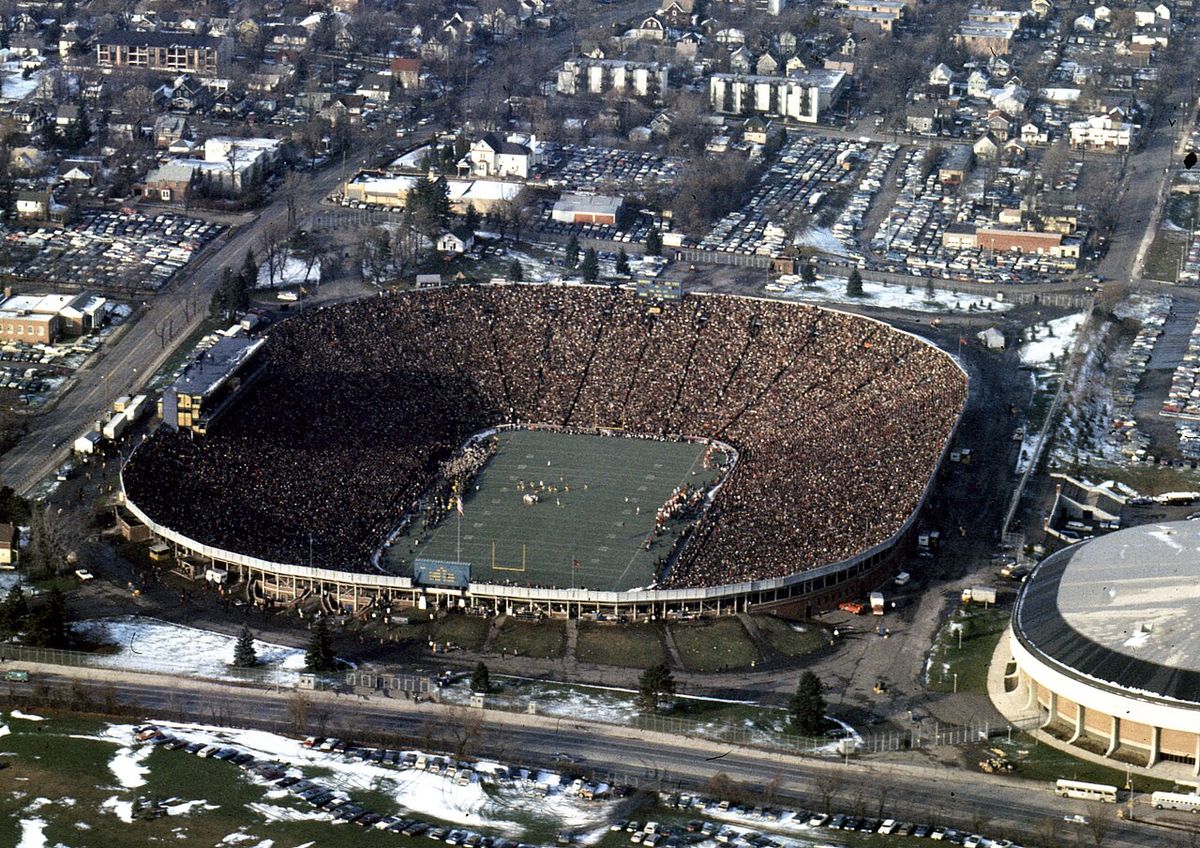 Aerial photo of a packed Michigan Stadium in November 1969, with snow on the ground outside.